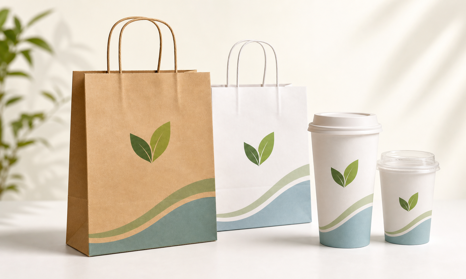 Custom eco-friendly paper bags and cups with leaf branding
